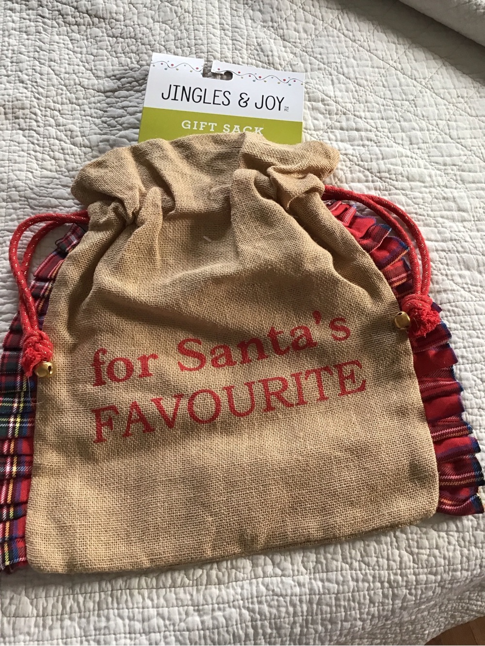 New Holiday Christmas 'For Santa's Favourite' Jute Gift Sack with Red Bells